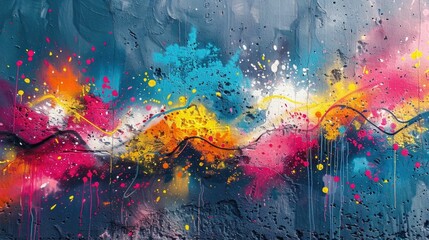 Canvas Print - Vibrant graffiti paint explosion with bursts of colorful abstract shapes splatters and drips on an urban wall background Energetic and expressive digital art with a dynamic modern and experimental