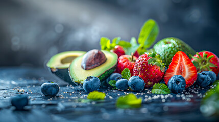 Colorful mix of avocados, strawberries, blueberries on table.