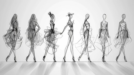 Continuous line fashion figure drawings depicting the grace and elegance of models in stylized poses This abstract minimalist artwork showcases the dynamic movements and silhouettes of fashionable