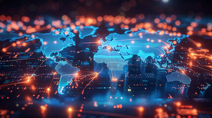 Poster - High-tech world map visualization illustrating global network connectivity with glowing lines and illuminated points of interest