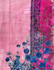 Wall Mural - Junk Journal of Abstract Floral Border on Pink Background