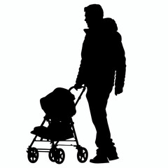 Sticker - vector silhouette of a man with a baby stroller on a white background .Generative AI