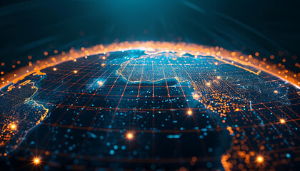 Aufkleber - Digital world globe centered on the Middle East, showcasing global network connectivity with vibrant data transfer lines and cyber technology