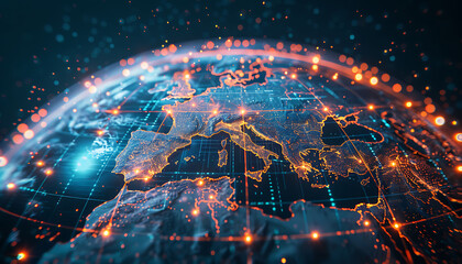 Aufkleber - Digital world globe centered on the Middle East, showcasing global network connectivity with vibrant data transfer lines and cyber technology