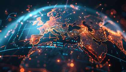 Aufkleber - Futuristic digital globe showcasing Middle East connectivity with glowing data lines and illuminated points of interest