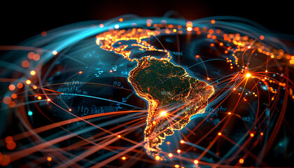 Aufkleber - High-speed digital globe of Americas with vibrant data lines and intense connectivity