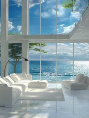 Wall Mural - Stylish living room interior with sea view and glass