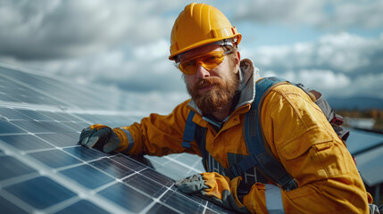 Wall Mural - A solar panel installer wearing a hard hat and safety glasses works on installing solar panels on a roof.