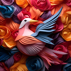 Canvas Print - A paper bird surrounded by flowers in various colors.