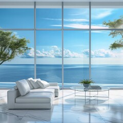 Wall Mural - Stylish living room interior with sea view and glass