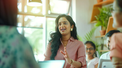 Wall Mural - South Indian businesswoman presenting a project to a small team