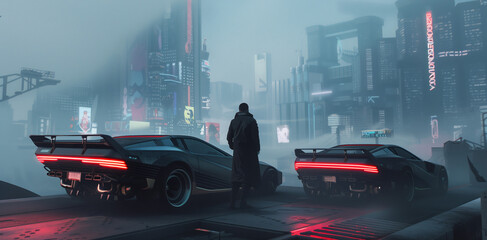 man standing in futuristic utopian cyberpunk city by two luxury racing sport cars, science fiction environment, dark future concept