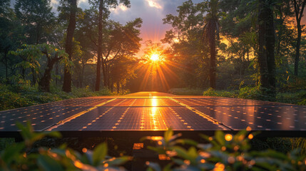 Wall Mural - a solar panel in the forest. The sun is shining through the trees and the solar panels are reflecting the light. 