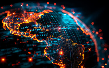 Aufkleber - Dynamic digital globe of Americas with rapid, glowing data lines illustrating high-speed connectivity