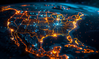 Aufkleber - Intense digital map of the US with rapid, glowing data lines illustrating high-speed connectivity