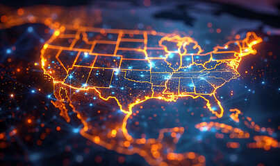 Aufkleber - Intense digital map of the US with rapid, glowing data lines illustrating high-speed connectivity