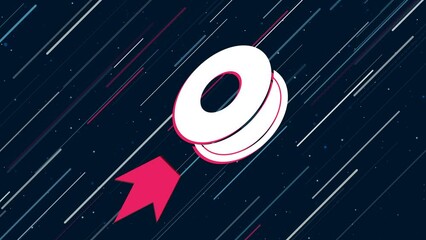 Wall Mural - 3D printing filament symbol flies through the universe on a jet propulsion. The symbol in the center is shaking due to high speed. Seamless looped 4k animation on dark blue background with stars