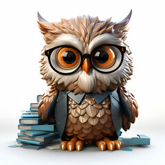 Owl with books isolated on white background. 3D illustration.
