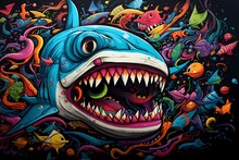 Doodle Background Design, Colorful Shark Graffiti Art