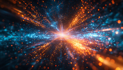 Aufkleber - Abstract tech background with a digital particles explosion around a quantum core, symbolizing AI and data exchanges