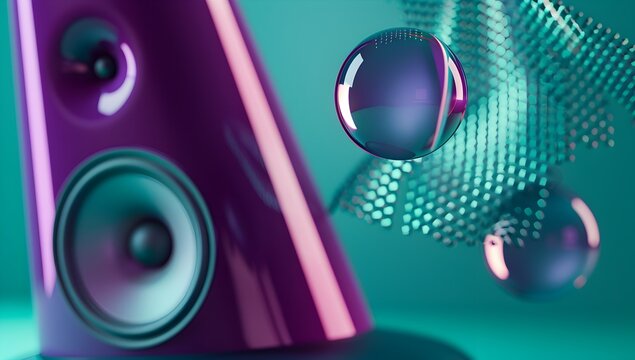 A purple speaker and two spheres of air floating in the background, rendered with a teal green gradient
