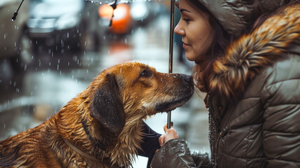 Sticker - Woman offering food to a stray dog, an act of care