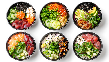 Wall Mural - Set of different poke bowls isolated on white, top view