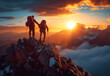 © btiger - Hikers Assisting Each Other to Reach Mountain Summit at Sunset