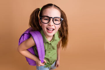 Canvas Print - Photo of clever girl kid pupil look up impressed sales isolated pastel color background