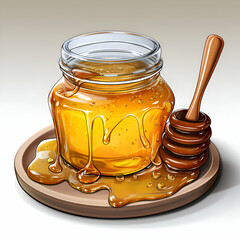 Wall Mural - Honey in a glass jar with a wooden spoon and honeycombs