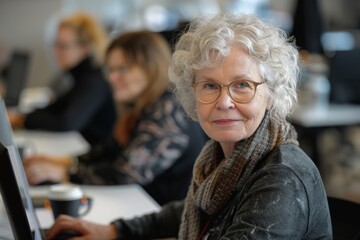 An elderly woman with white hair and glasses looks focused as she works in an office surrounded by coworkers