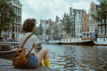 Young woman enjoying a serene moment by an Amsterdam canal