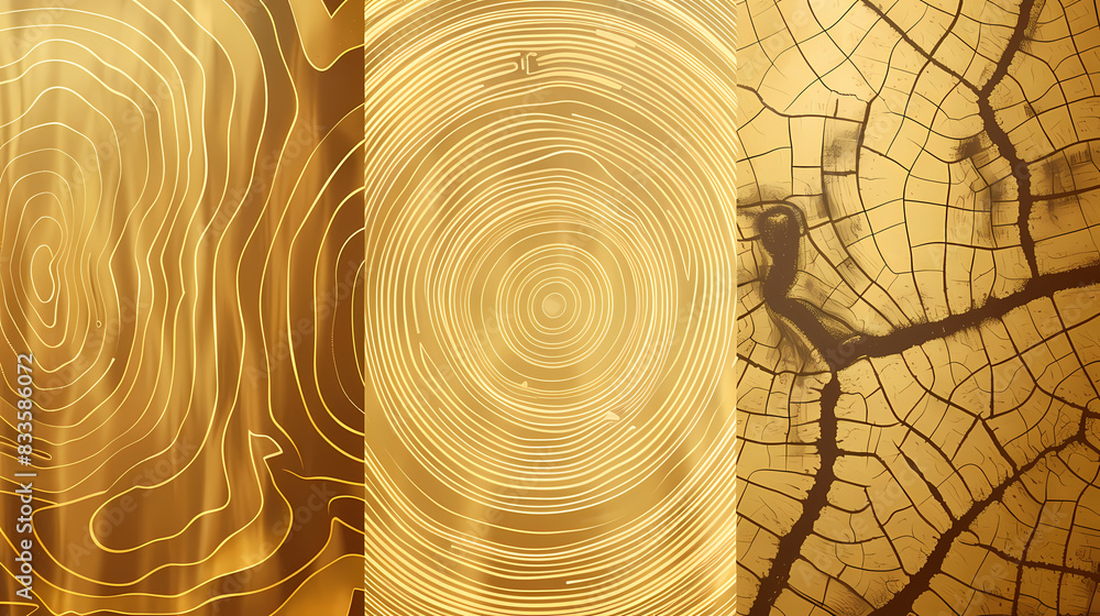 Set of templates. Luxury golden background with wood annual rings ...