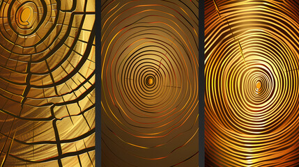 Wall Mural - Set of templates. Luxury golden background with wood annual rings texture. Banner with tree ring pattern.