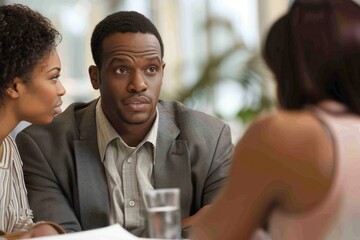 A man is sitting at a table with two women