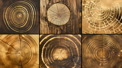 Wall Mural - Set of templates. Luxury golden background with wood annual rings texture. Banner with tree ring pattern.