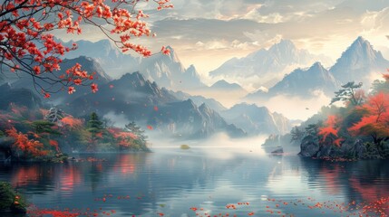 The style of ancient Chinese mythology focuses on an ancient fairy garden at the foot of Kunlun Mountains, with flowers and leaves emitting a faint fairy aura. Immortal flowers adorn the branches, ble