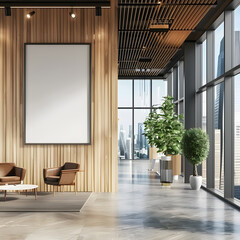 Wall Mural - A modern office interior with a blank poster on the wall, wood elements, and city view through large windows. 3d rendering isolated on white background, photo, png
