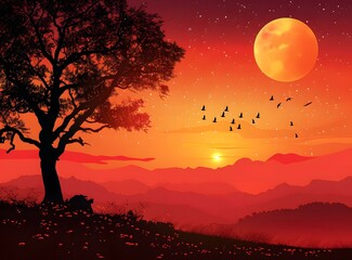 Wall Mural - The sun sets over a mountain range, casting a golden glow on the landscape below. A lone tree stands in the foreground, its branches silhouetted against the sky. Birds fly overhead in a V-formation.