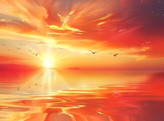 Wall Mural - fantasy sunset over calm sea with flying birds
