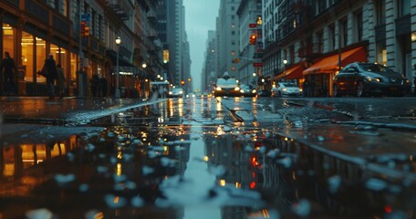 Wall Mural - wet city road after rain closeup, puddles in asphalt of New York, pedestrians walking and cars driving