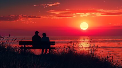 Poster - A couple is sitting on a bench and watching the sunset. The sky is a bright orange and the sun is setting over the horizon.