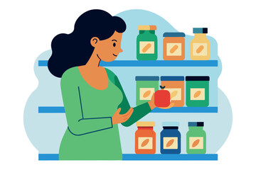 Wall Mural - A customer in a grocery store looking at a product. The person is standing in front of shelves on which various goods, foodstuffs are laid out.