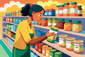 Wall Mural - A customer in a grocery store looking at a product. The person is standing in front of shelves on which various goods, foodstuffs are laid out.