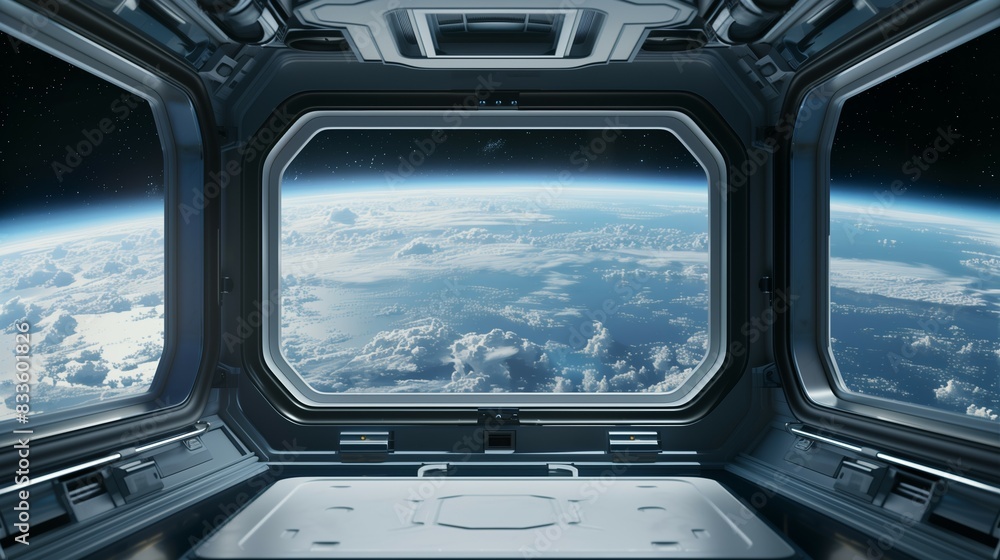 Space From Rocketship Window spaceship window with sunrise over planet view, space station porthole ...