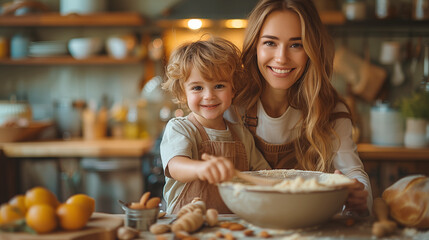 Portrait of a happy mother and child cooking together in the kitchen at home, laughing while baking cookies or dough for cakes