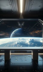 spaceship window with sunrise over planet view, space station porthole illuminator with planetary su