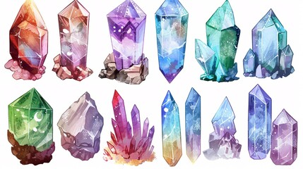 A set of crystal icons, each with a unique shape and color, shimmering against a pristine white background. Perfect for enhancing the aesthetics of a fantasy-themed RPG or card game.