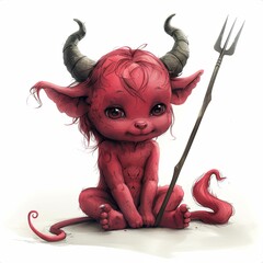 Wall Mural - A naughty devil boy in red outfits with demon horns and tail is sitting cross legged on a floor, cartoon , character.