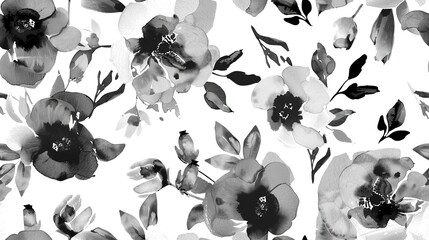 Poster - Watercolor florals flat design side view delicate theme water color black and white. Seamless Pattern, Fabric Pattern.